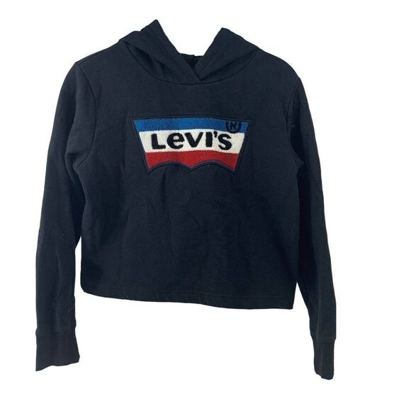 Levis Black Cropped Hoodie Textured Logo Girls L - Picture 1 of 5